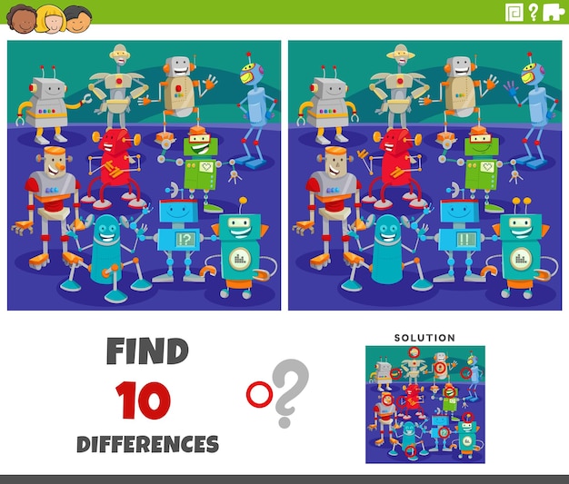 differences game with cartoon robots characters group