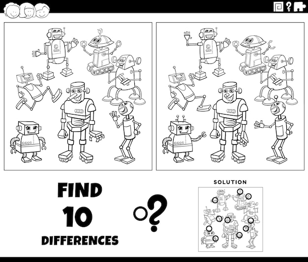 Differences game with cartoon robots coloring page