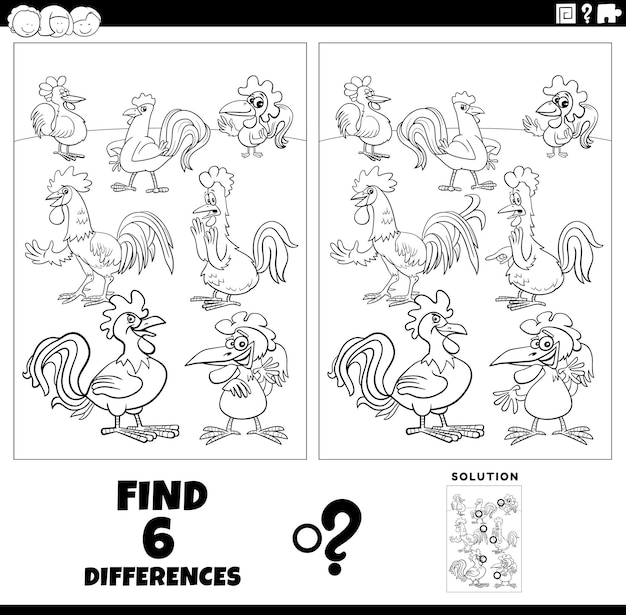 Differences game with cartoon roosters coloring page