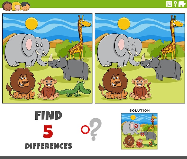 Differences game with cartoon Safari animal characters