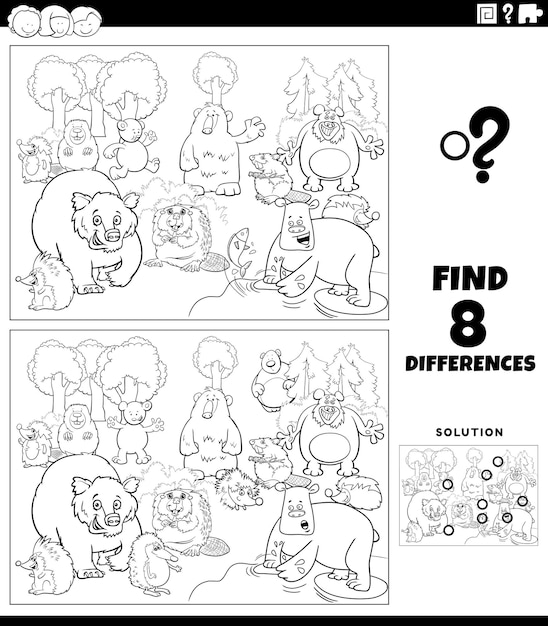 Differences game with cartoon wild animals coloring book page