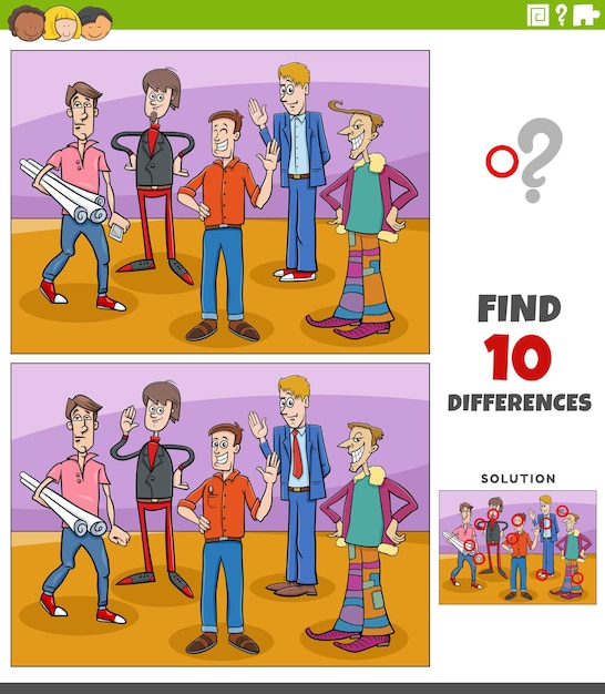 differences game with cartoon young men group