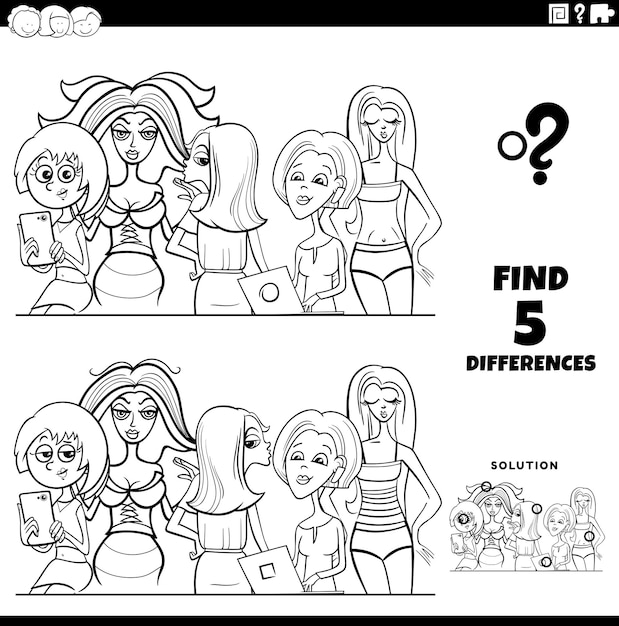 Differences game with comic woman coloring page