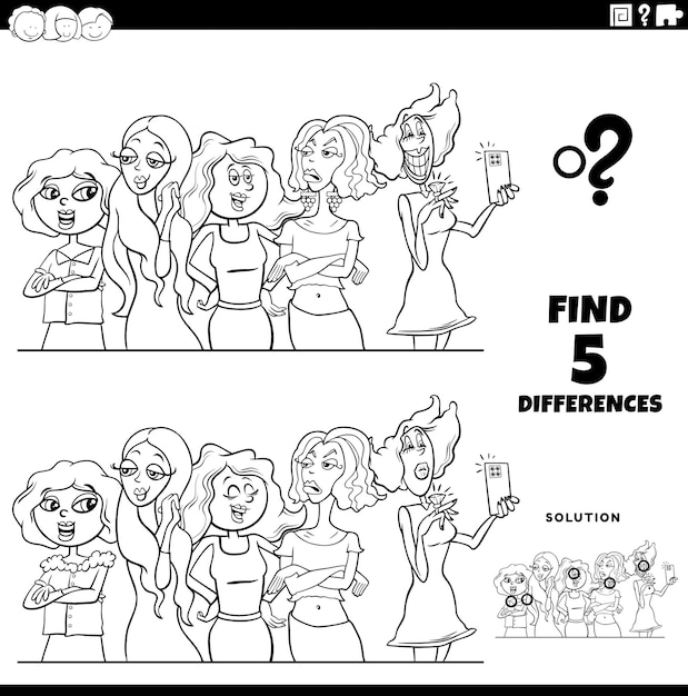 Differences game with comic women coloring page