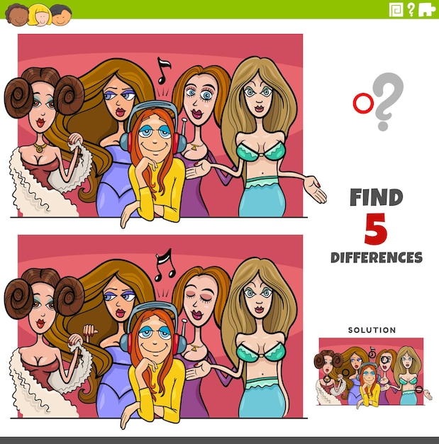 Differences game with comic women coloring page