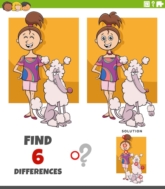 Differences game with teen cartoon girl and her poodle dog