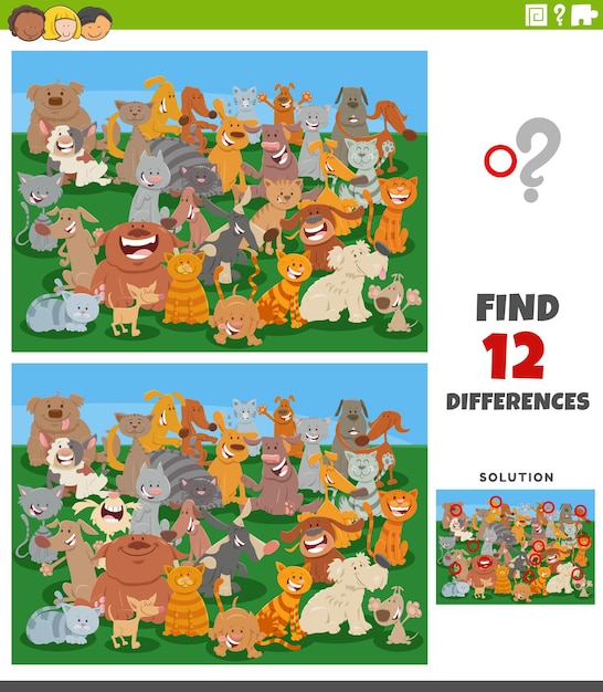 Differences task with cartoon cats and dogs characters