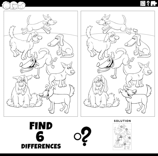 Differences task with cartoon dog animals coloring page