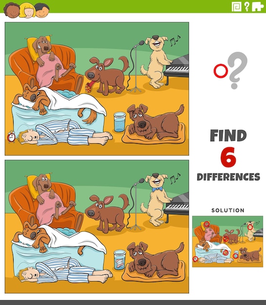 Differences task with cartoon dogs animal characters