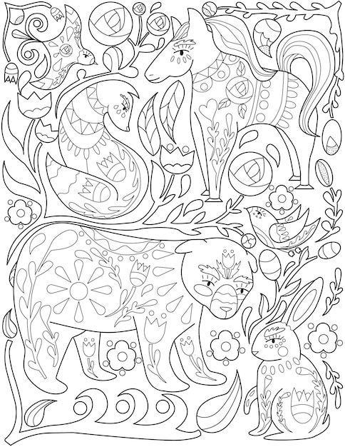 Vector different animals fox bird hare dog fox horse colorless line drawing multiple wildlife creatures