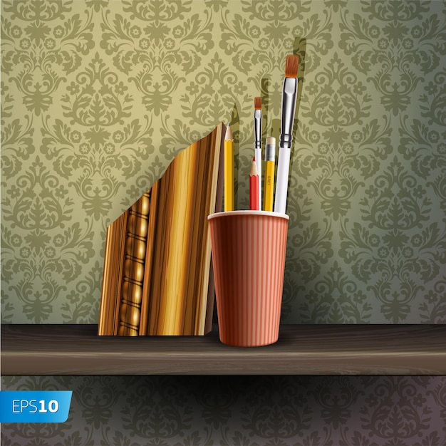 Different art brushes and pencils in flask on the shelf vector illustration