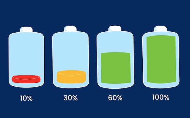 Different Battery charge level. Battery Icons. Set of battery charge level indicators.