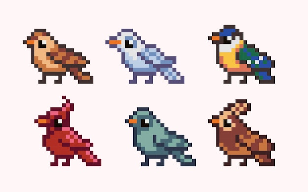 Different birds pixel art set Cardinal dove gull Avian species collection 8 bit sprite