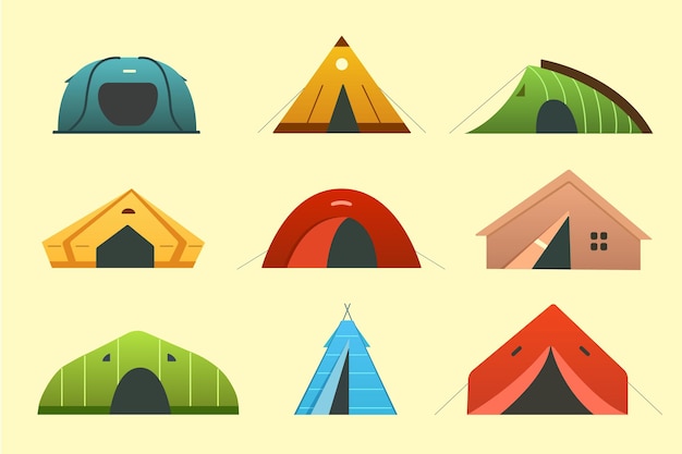 Different camping tent  icons. Triangle and dome tourist outdoor house. Hiking and trekking camp tents for rest.