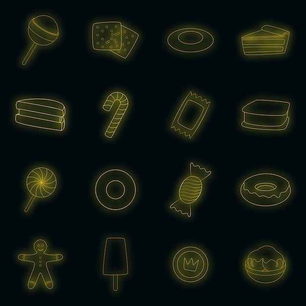 Different candy icons set. Illustration of 16 different candy vector icons neon color on black