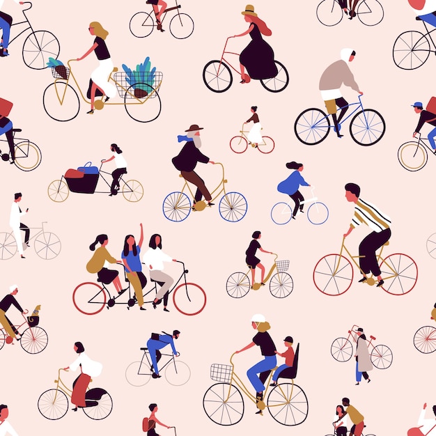 Different cartoon people cyclist seamless pattern illustration. Male and female character riding on bike vector flat isolated. Sports person enjoying outdoor activities and healthy lifestyle.