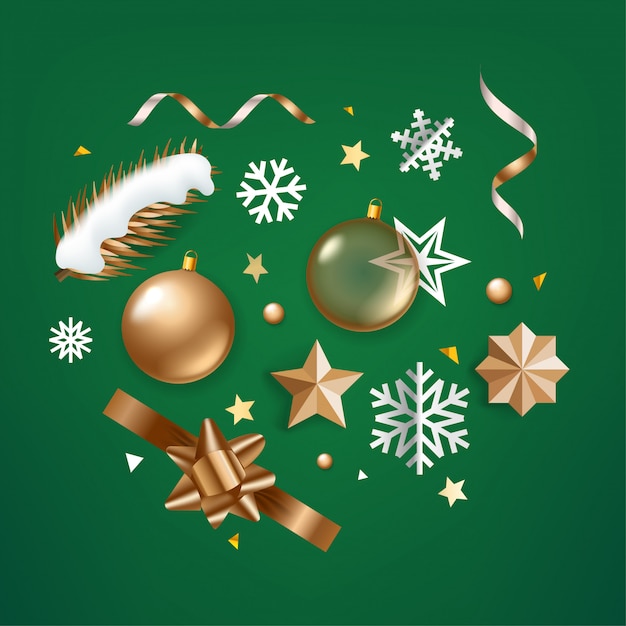 Different Christmas elements on green background