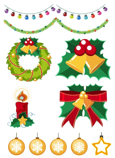 Different christmas ornaments on white background