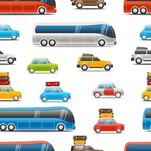 Different color cars and bus vector illustration Seamless background