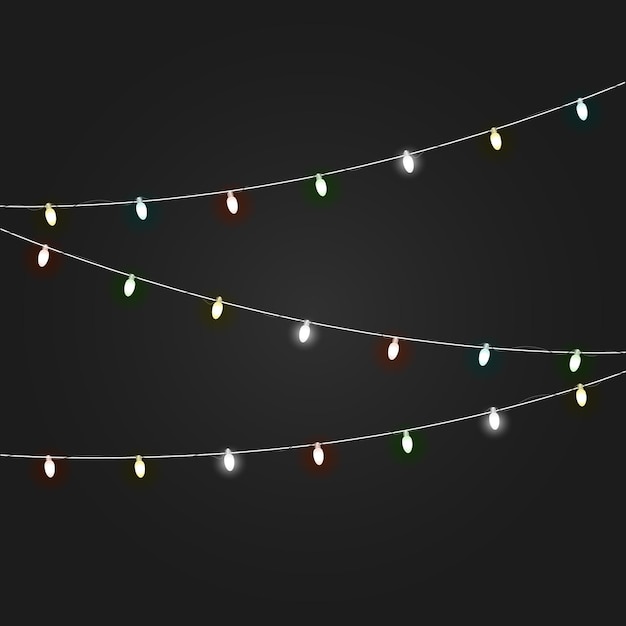 Different color lighting garland vector set on dark background. Christmas lights 
vector collection. Glowing lamps vect or set