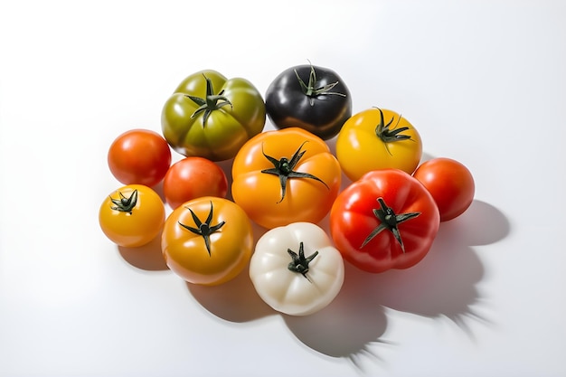 Vector different colorful tomatoes from organic garden with white background