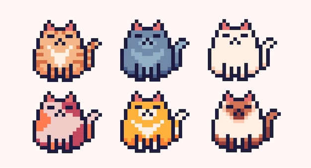 Different colors cats pixel art icon set Kitty breeds logo collection