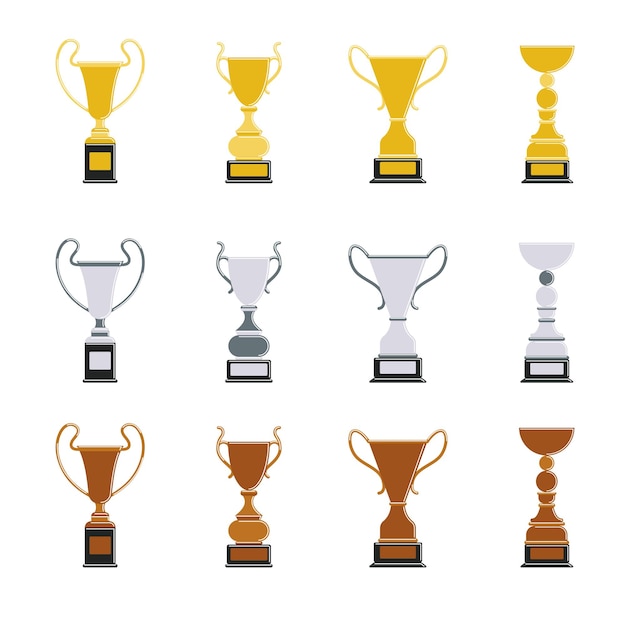 Different cups set on white background Golden silver and bronze trophies