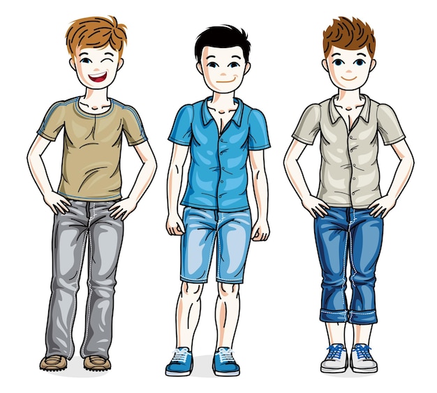 Different cute little boys standing wearing different casual clothes. Vector kids illustrations set. Childhood and family lifestyle cartoons.