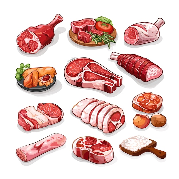 Vector different cuts of fresh meat for cooking