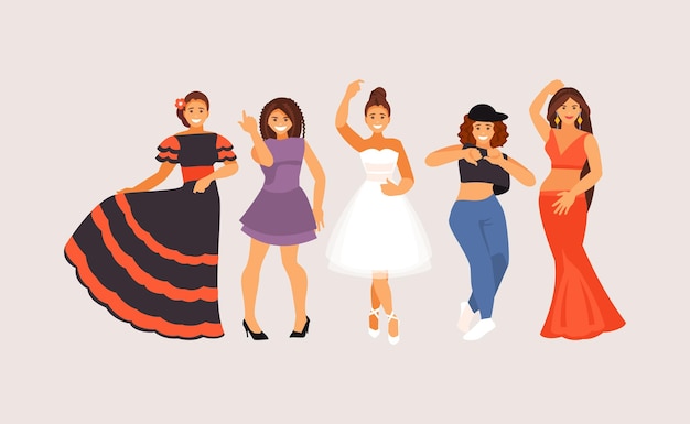 Different dance styles. Ballet, club, street, belly dance historical dance Vector illustration