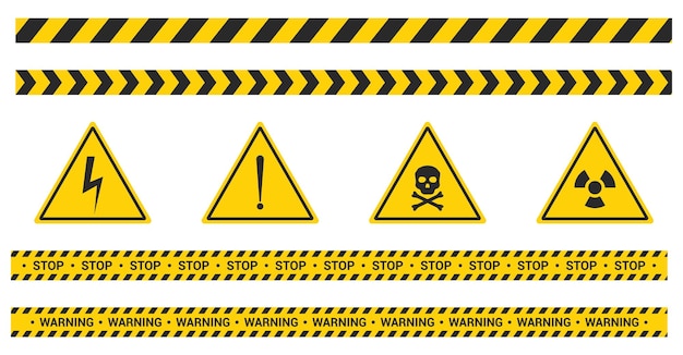 Different danger alert yellow and black tape banner set