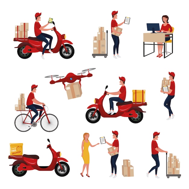 Different Delivery Service Workers And Clients, Delivering Packages.