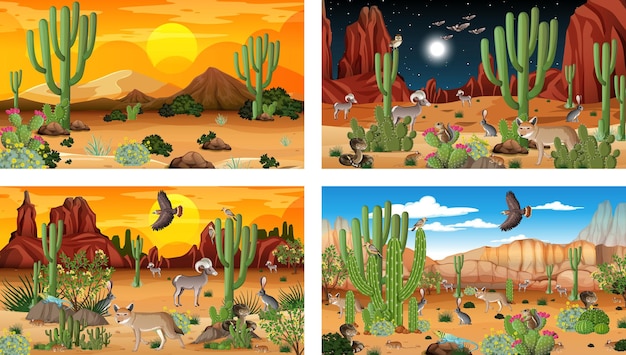 Different desert forest landscape scenes with animals and plants