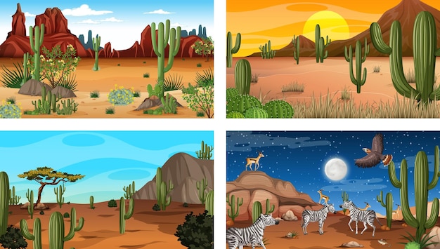 Different desert forest landscape scenes with animals and plants