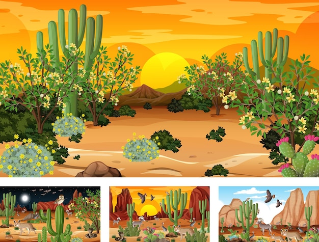 Different desert forest landscape scenes with animals and plants