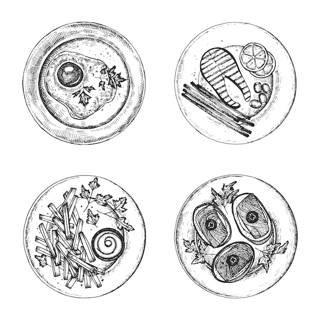 Different dishes on plates set of vector sketches isolated illustration hand drawing on white background