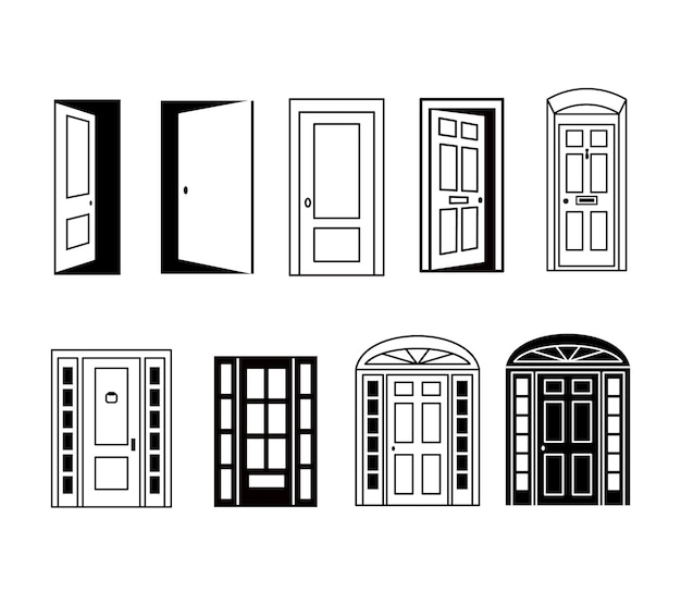 Different doors icons collection Open and closed silhouette of door to house isolated on white Vector entrance in outline style