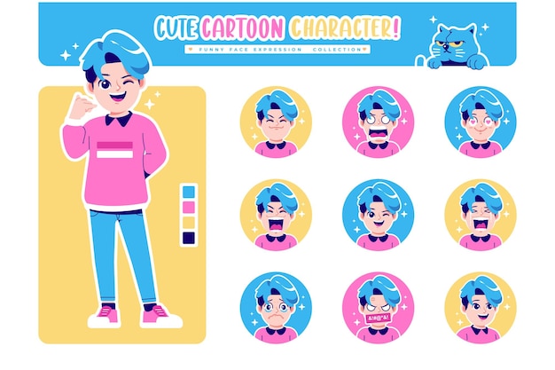 different face emotion cute boy cartoon character collection 4