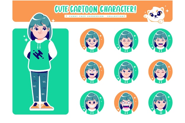 different face emotion nosy girl cartoon character collection 2