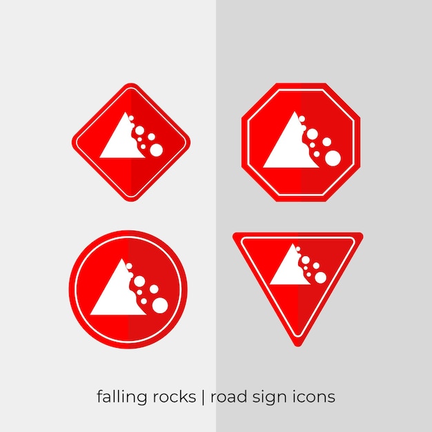 different falling rocks road sign vector collection in red icons