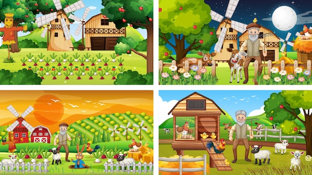 Different farm scenes with old farmer and animal cartoon character