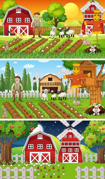 Different farm scenes with old farmer and animal cartoon character