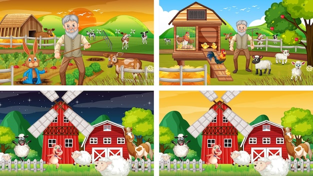 Different farm scenes with old farmer and animal cartoon character