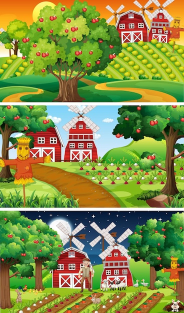 Different farm scenes with old farmer and animal cartoon character