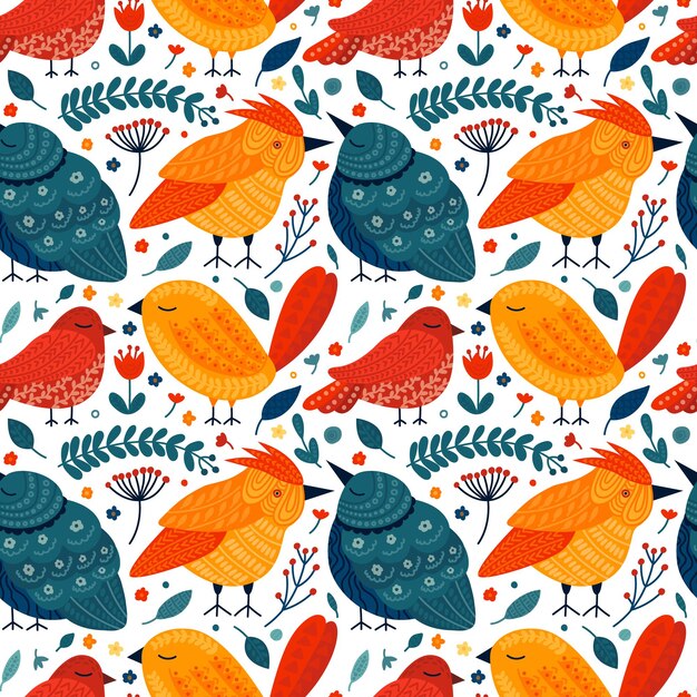 Vector different folk art birds and plants seamless pattern