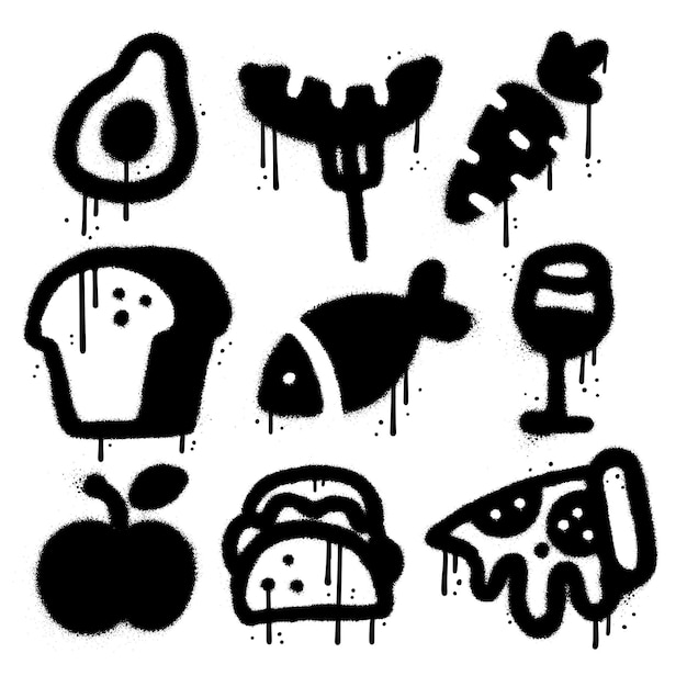 Different food icons set in urban graffiti style grill sausage vegetables bread fish sprayed texrure