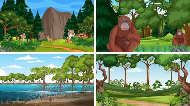 Different forest scenes with wild animals