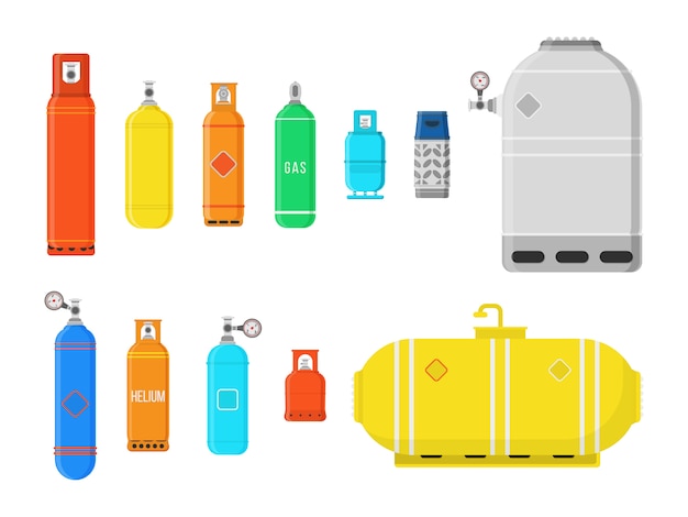 Different gas cylinders isolated on white background. Fuel storage liquefied compressed gas high pressure camping equipment set.