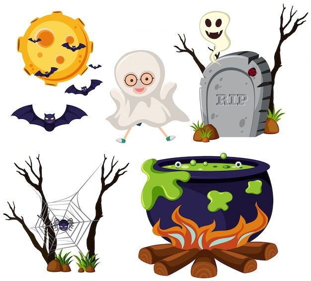 Different halloween elements on white background