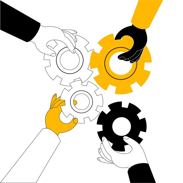 Vector different hands connect the parts of the mechanism.